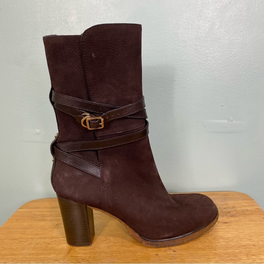 Tory Burch Jamie Suede Brown Leather Heeled Boots Bukle Sz 11